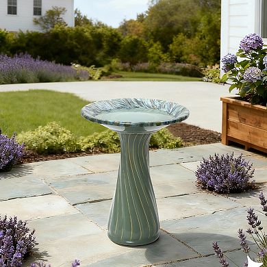 LuxenHome 22.6" Elegant Ceramic Bird Bath for Outside with Leaves and Swirl Pattern, Green