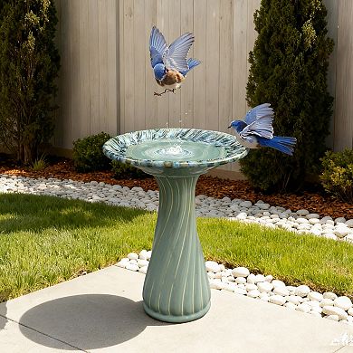 LuxenHome 22.6" Elegant Ceramic Bird Bath for Outside with Leaves and Swirl Pattern, Green