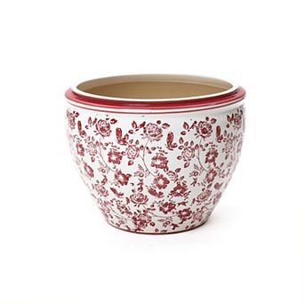 LuxenHome Red Floral Ceramic Planter, Round, Indoor & Outdoor Garden Pot