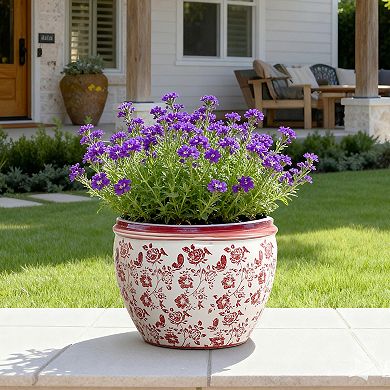 LuxenHome Red and White Round Planter Pot, Large Ceramic Flower Pot with Drainage