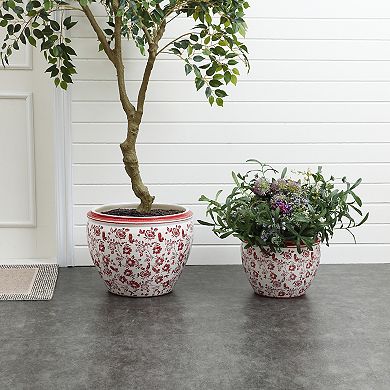 LuxenHome Red and White Round Planter Pot, Large Ceramic Flower Pot with Drainage
