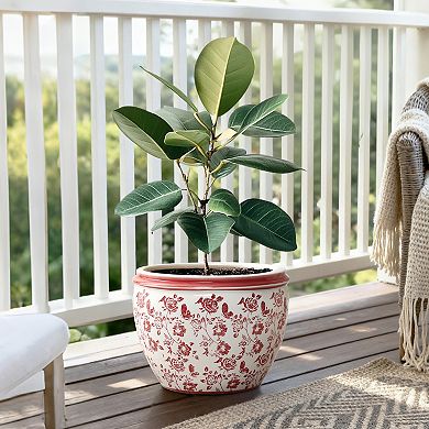 LuxenHome Red and White Round Planter Pot, Large Ceramic Flower Pot with Drainage