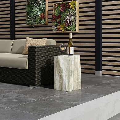 LuxenHome 18.4" Outdoor End Table, Marbled Geometric Accent Table, Indoor Outdoor Side Tables