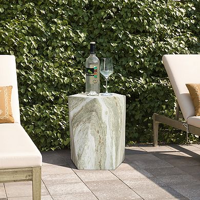 LuxenHome 18.4" Outdoor End Table, Marbled Geometric Accent Table, Indoor Outdoor Side Tables