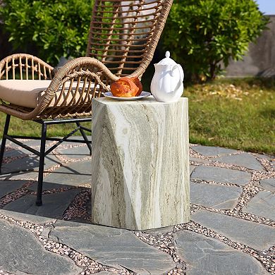 LuxenHome 18.4" Outdoor End Table, Marbled Geometric Accent Table, Indoor Outdoor Side Tables