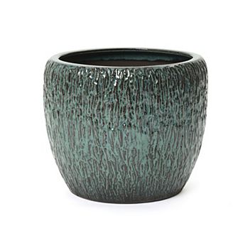 LuxenHome 14" Dia Antique Green Ceramic Planter Pot with Textured Surface, Flower Pot for Plants