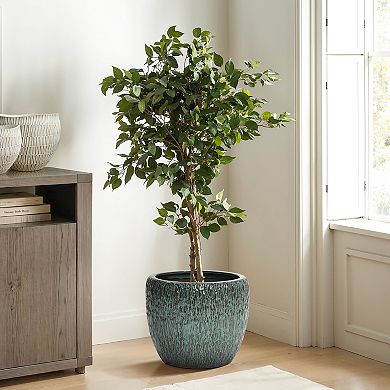 LuxenHome 14" Dia Antique Green Ceramic Planter Pot with Textured Surface, Flower Pot for Plants