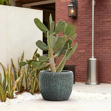 LuxenHome 14" Dia Antique Green Ceramic Planter Pot with Textured Surface, Flower Pot for Plants
