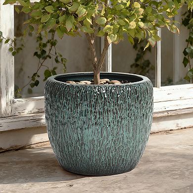 LuxenHome 14" Dia Antique Green Ceramic Planter Pot with Textured Surface, Flower Pot for Plants