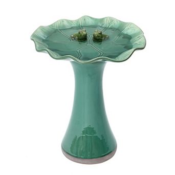 LuxenHome Aqua Green Ceramic Toadstool Birdbath with Two Frogs, 20-Inch Outdoor Garden Decor