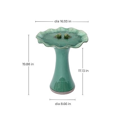 LuxenHome 20" Ceramic Bird Bath with Leaf Shaped Basin and Decorative Frogs, Green