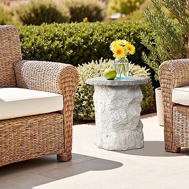 LuxenHome 18.7" Off-white Patio Side tables, Modern Outdoor End Table with Stone Look Textured Base