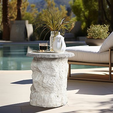 LuxenHome 18.7" Off-white Patio Side tables, Modern Outdoor End Table with Stone Look Textured Base