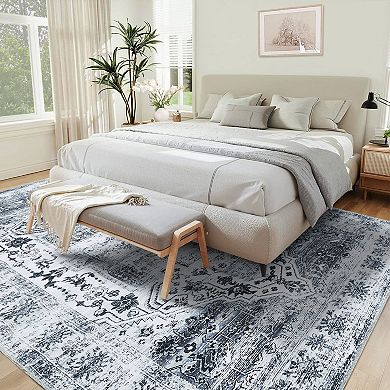 Machine Washable Vintage Distressed Floral Print Non Slip Polyester Rectangular Area Rug