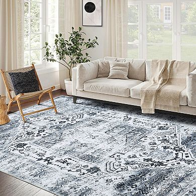 Machine Washable Vintage Distressed Floral Print Non Slip Polyester Rectangular Area Rug