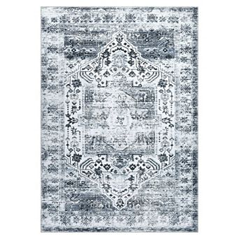 Machine Washable Vintage Distressed Floral Print Non Slip Polyester Rectangular Area Rug