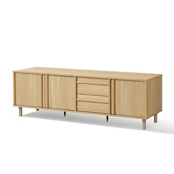 LuxenHome 71” Wide Hazel Oak Manufactured Wood TV Console with Storage & Rubberwood Legs