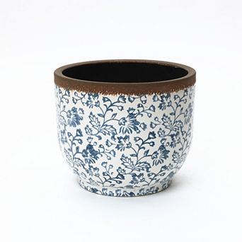 LuxenHome Blue Floral Ceramic Planter, Round, Indoor & Outdoor Garden Pot