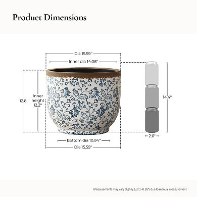 LuxenHome Blue Floral Ceramic Planter, Round, Indoor & Outdoor Garden Pot