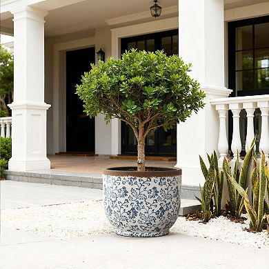 LuxenHome Blue Floral Ceramic Planter, Round, Indoor & Outdoor Garden Pot