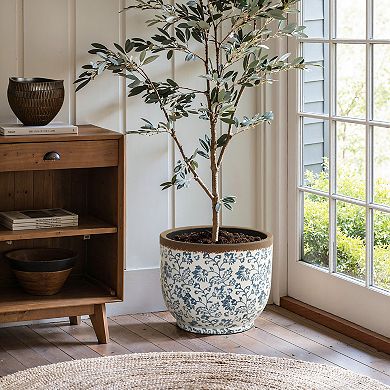 LuxenHome Blue Floral Ceramic Planter, Round, Indoor & Outdoor Garden Pot