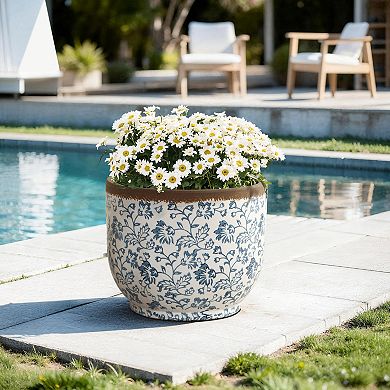 LuxenHome Blue Floral Ceramic Planter, Round, Indoor & Outdoor Garden Pot