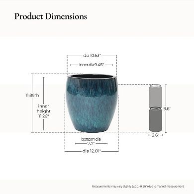 LuxenHome 12" Dia Blue Glazed Round Ceramic Planter Pot, Small Pots for Plants with Drainage Hole