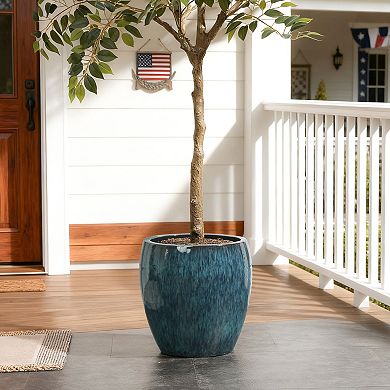 LuxenHome 12" Dia Blue Glazed Round Ceramic Planter Pot, Small Pots for Plants with Drainage Hole