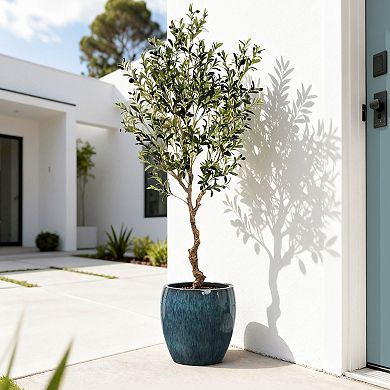 LuxenHome 12" Dia Blue Glazed Round Ceramic Planter Pot, Small Pots for Plants with Drainage Hole