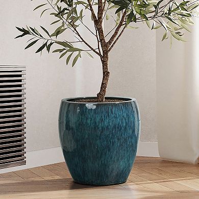 LuxenHome 12" Dia Blue Glazed Round Ceramic Planter Pot, Small Pots for Plants with Drainage Hole