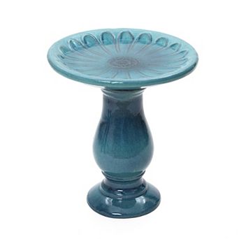 LuxenHome 22" Elegant Ceramic Bird Bath for Outside with Floral Pattern, Teal Blue
