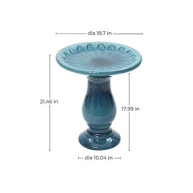 LuxenHome 22" Elegant Ceramic Bird Bath for Outside with Floral Pattern, Teal Blue