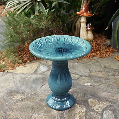 LuxenHome 22" Elegant Ceramic Bird Bath for Outside with Floral Pattern, Teal Blue