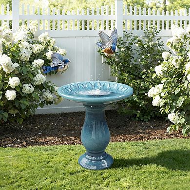 LuxenHome 22" Elegant Ceramic Bird Bath for Outside with Floral Pattern, Teal Blue