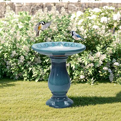 LuxenHome 22" Elegant Ceramic Bird Bath for Outside with Floral Pattern, Teal Blue
