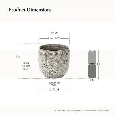 LuxenHome Stone Speckle Textured Ceramic Planter, 12" Gray Grid-Pattern Pot for Indoor/Outdoor Decor