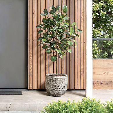 LuxenHome Stone Speckle Textured Ceramic Planter, 12" Gray Grid-Pattern Pot for Indoor/Outdoor Decor