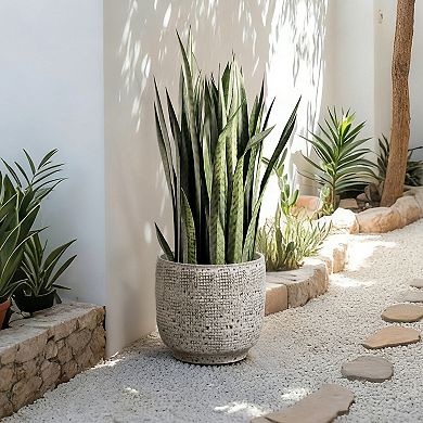 LuxenHome Stone Speckle Textured Ceramic Planter, 12" Gray Grid-Pattern Pot for Indoor/Outdoor Decor