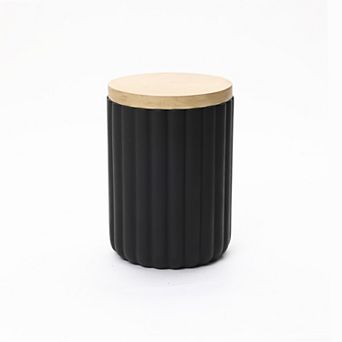 LuxenHome Black Fluted Round Patio Side Table with Removable Lid & Galvanized Metal Ice Bucket