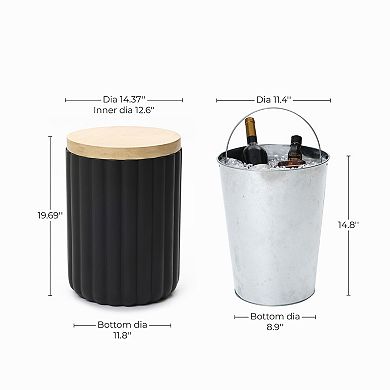 LuxenHome 19.7" Black Outdoor Side Table with Storage, Fluted End Table with Metal Ice Bucket