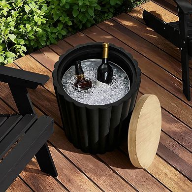 LuxenHome 19.7" Black Outdoor Side Table with Storage, Fluted End Table with Metal Ice Bucket