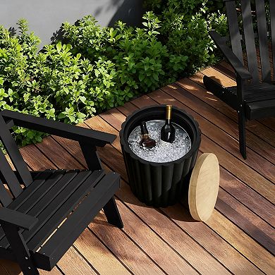 LuxenHome 19.7" Black Outdoor Side Table with Storage, Fluted End Table with Metal Ice Bucket
