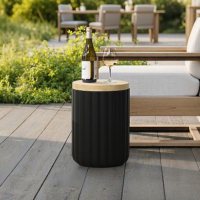 LuxenHome 19.7" Black Outdoor Side Table with Storage, Fluted End Table with Metal Ice Bucket