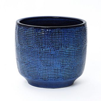 LuxenHome 15.75-Inch Round Ceramic Planter, Deep Blue Glaze with Basket Texture