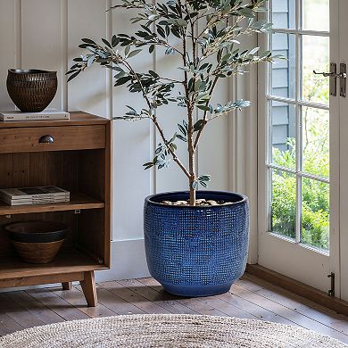 LuxenHome 15.75-Inch Round Ceramic Planter, Deep Blue Glaze with Basket Texture