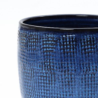 LuxenHome 15.75-Inch Round Ceramic Planter, Deep Blue Glaze with Basket Texture