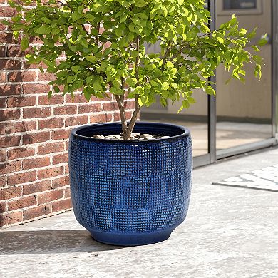 LuxenHome 15.75-Inch Round Ceramic Planter, Deep Blue Glaze with Basket Texture