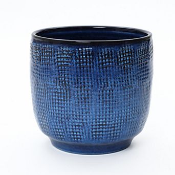 LuxenHome 12-Inch Round Ceramic Planter, Deep Blue Glaze with Basket Texture