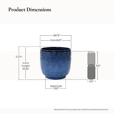 LuxenHome 12-Inch Round Ceramic Planter, Deep Blue Glaze with Basket Texture