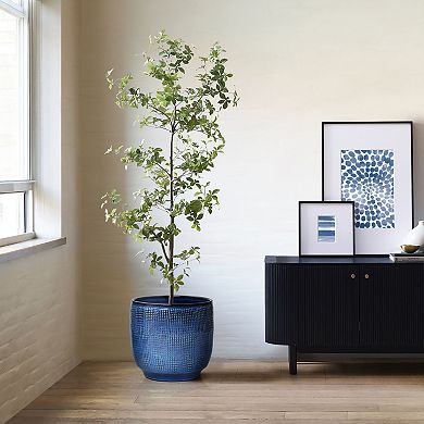 LuxenHome 12-Inch Round Ceramic Planter, Deep Blue Glaze with Basket Texture